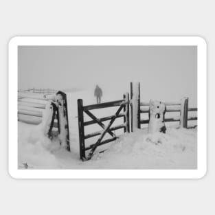 snow coverd landscape and a passing walker Sticker